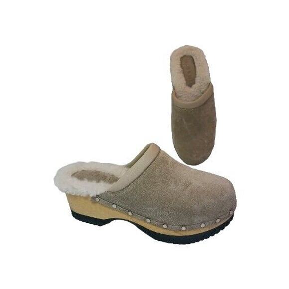 M Gemi Greta Shearling Mule Clog 7.5 US 38 EUR Platform Studded Beige Suede - Picture 2 of 7